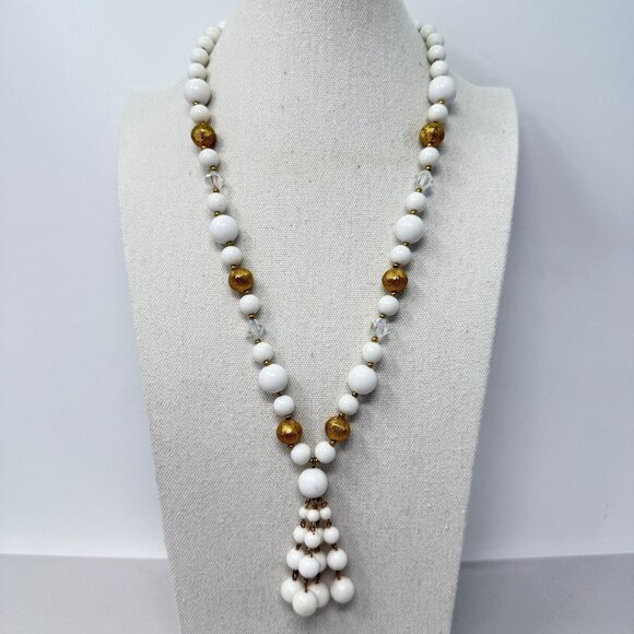Vintage Chunky Beaded Tassel Necklace White‎ Gold-Tone Long Retro Kitchy - Picture 1 of 8